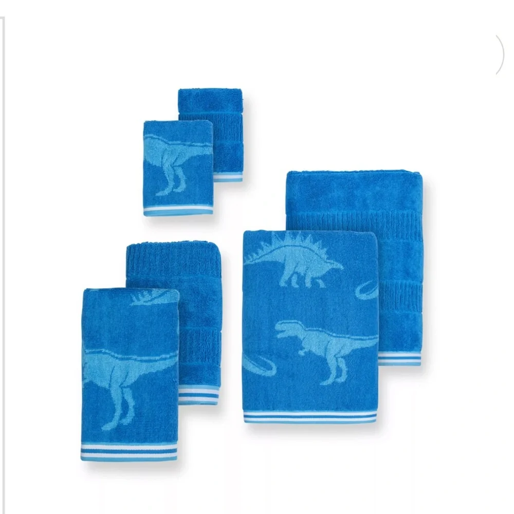 6pc CARO HOME 100% Cotton Blue Dinosaur Design Bath Towel Set Bundle